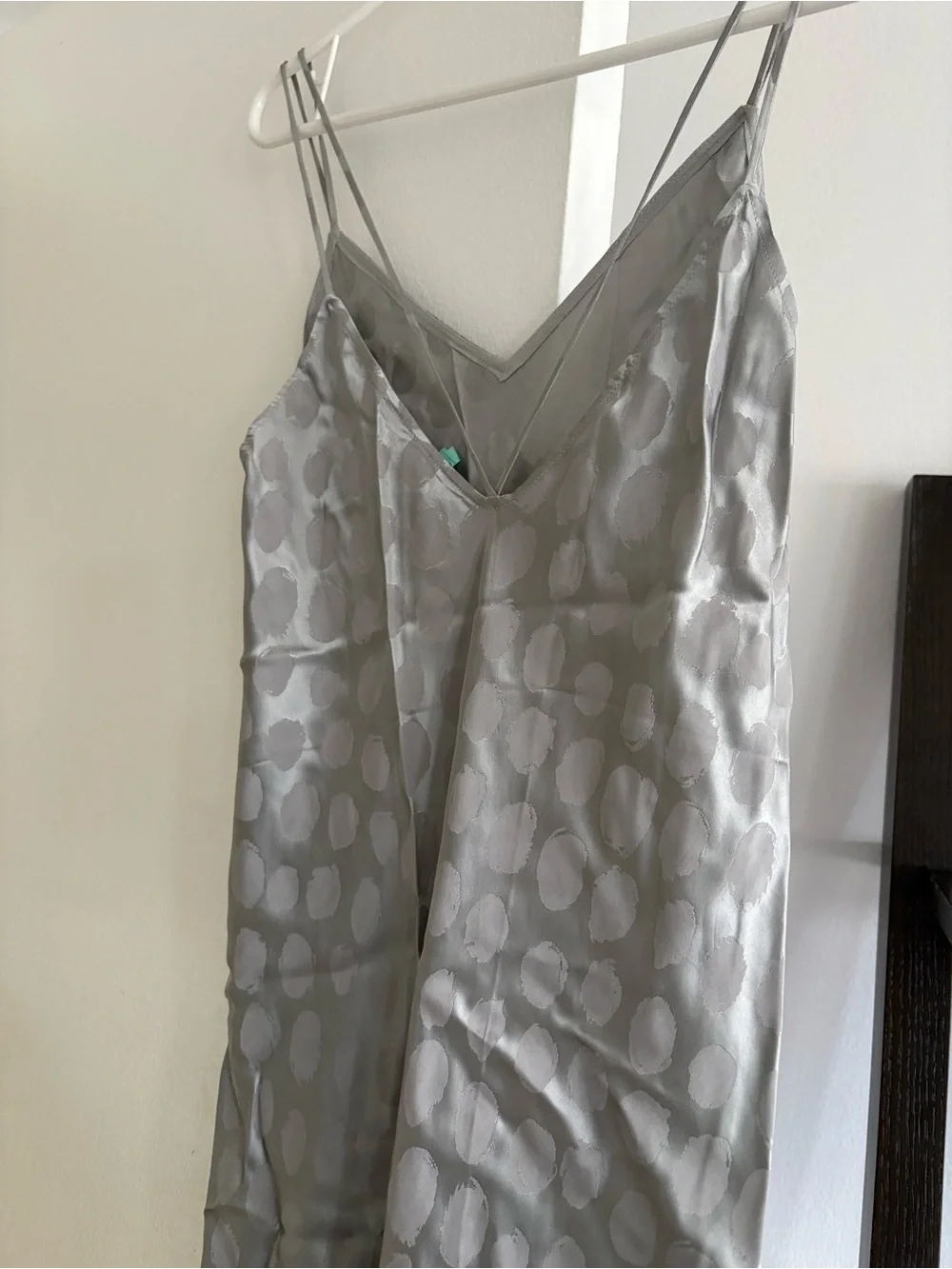 Theory Silver-Gray Satin Slip Dress with Subtle Dot Jacquard